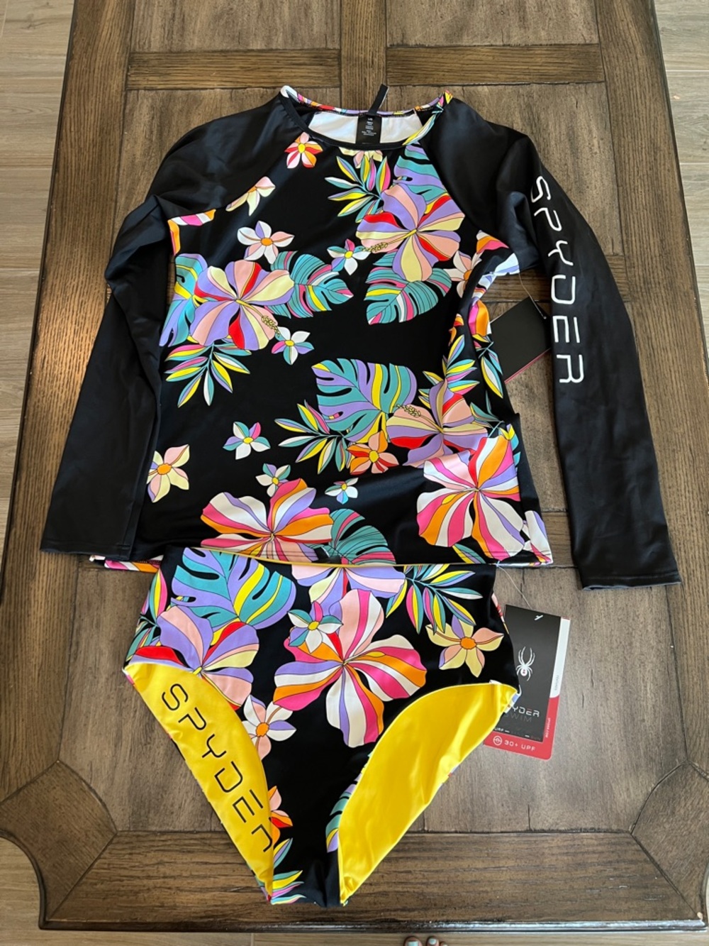 Spyder women’s Black Floral Long-Sleeve Rashguard & Yellow-Accent Bikini Bottoms